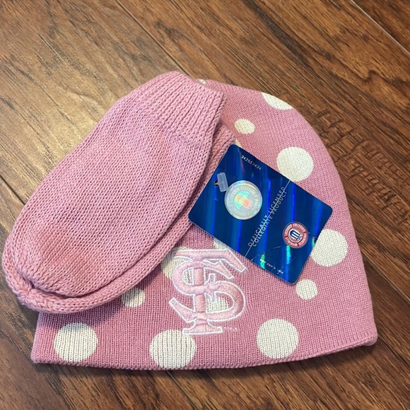 FSU beanie hat & mittens. Pink w/ polka dots Monogrammed logo, GO NOLES! - Picture 11 of 11